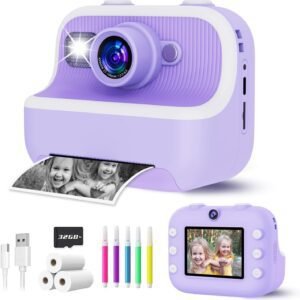 Instant Print Camera for Kids, Christmas Birthday Gifts for Girls Boys, Kids Camera Instant Print with Dual Camera 1080P Digital Camera Toys for 4 5 6 7 8 9 10 Year Old Girl with 32GB SD Card-Purple