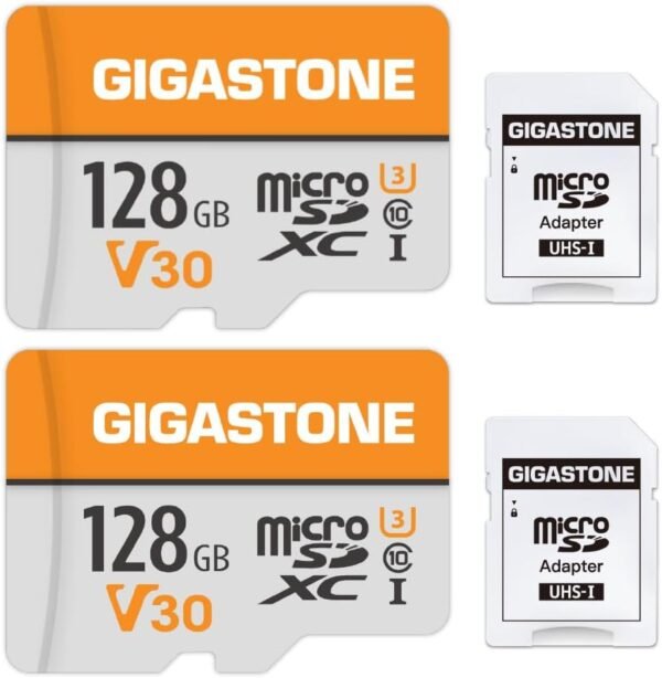 GIGASTONE 128GB 2-Pack Micro SD Card, 4K Video Pro, Compatible with GoPro, Security Camera, Dash cam, Drone, 95MB/s MicroSDXC Memory Card UHS-I V30 Class 10, with 2 SD Adapter
