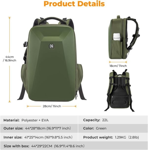 K&F Concept Camera Backpack,Hardshell Photography DSLR Camera Bag with 15-15.6 Inch Laptop Compartment Waterproof Hard Shell Camera Case Compatible for Canon/Nikon/Sony/DJI Mavic Drone - Image 7