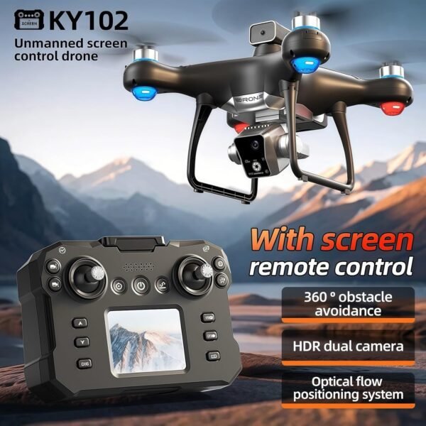 KY102 Drone with Screen Controller with SD card, Brushless Motor, Optical Flow Localization, Active Obstacle Avoidance, 2 batteries, One Key Take Off/Landing. (2 batteries - Black) - Image 3