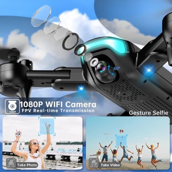 Drone with 1080P Camera for Beginners, 2025 𝑵𝑬𝑾 Foldable Drone with Upgrade Altitude Hold, Gestures Selfie, Waypoint Fly, Headless Mode, 3D Flip, One Key Start, 3 Speed Mode, Circle Fly, 2 Batteries - Image 2