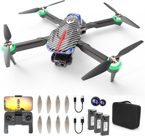 Drone with camera, equipped with HD 4K FPV dual cameras, foldable brushless motor drone, cool colored lights, optical flow positioning, 360° flip, over-distance warning reminder, suitable for adult beginners