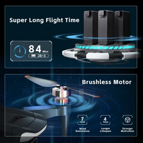 Super Enduring Brushless Motor Drone with 84 Mins Super Long Flight Time, Drone with 4K HD Camera for Beginners, CHUBORY A77 WiFi FPV Quadcopter, Follow Me, Auto Hover, Carrying Case, 3 Batteries - Image 3