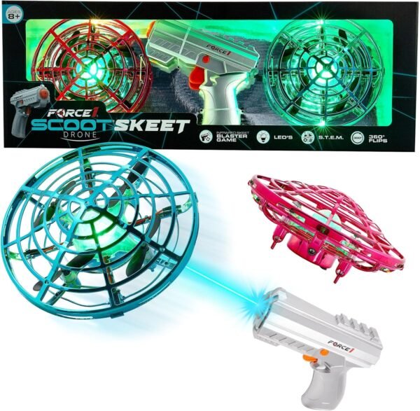 Force1 Scoot Skeet 3pk Mini Drone Electronic Shooting Game for Kids and Adults- 2 Hand Drones for Kids with LED Toy Gun Set, Ultimate Electronic Target Games, Indoor Flying Orb Ball Toys (Pink/Blue)