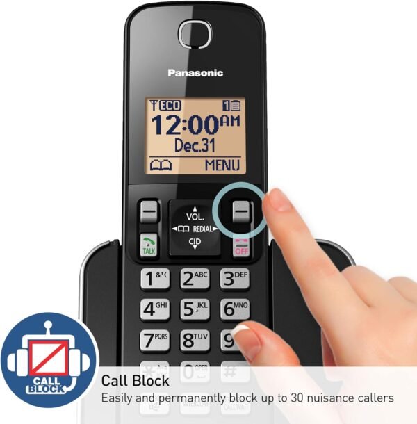 Panasonic Expandable Cordless Phone System with Amber Backlit Display – 2 Handsets – KX-TGC352B (Black) - Image 3