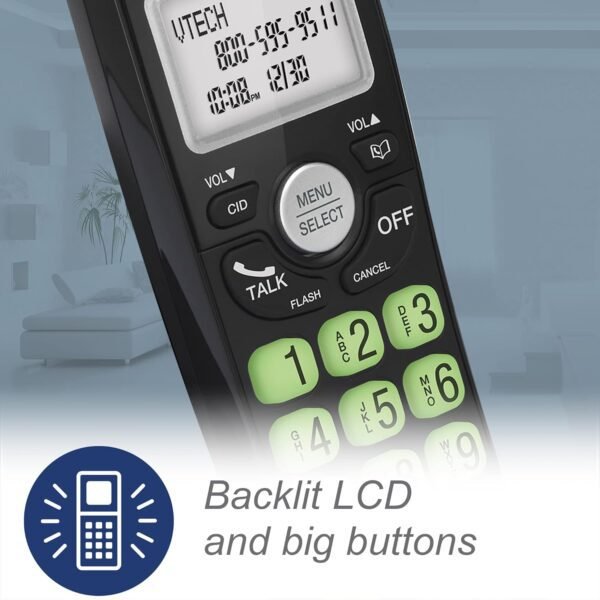 [New] VTech VG131-11 DECT 6.0 Cordless Phone - Bluetooth Connection, Blue-White Display, Big Buttons, Full Duplex, Caller ID, Easy Wall Mount, 1000ft Range (Black) - Image 6