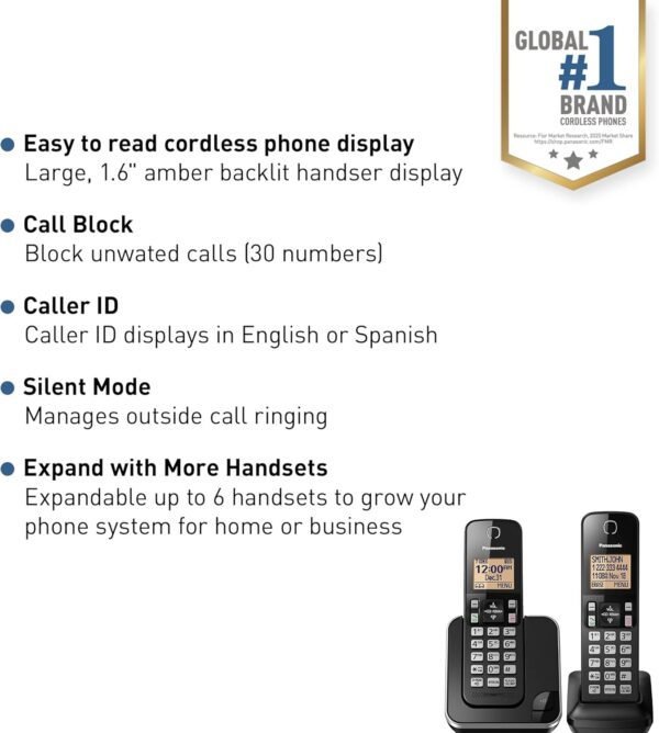 Panasonic Expandable Cordless Phone System with Amber Backlit Display – 2 Handsets – KX-TGC352B (Black) - Image 2