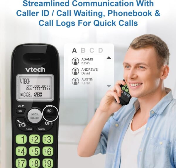 [New] VTech VG131-11 DECT 6.0 Cordless Phone - Bluetooth Connection, Blue-White Display, Big Buttons, Full Duplex, Caller ID, Easy Wall Mount, 1000ft Range (Black) - Image 4